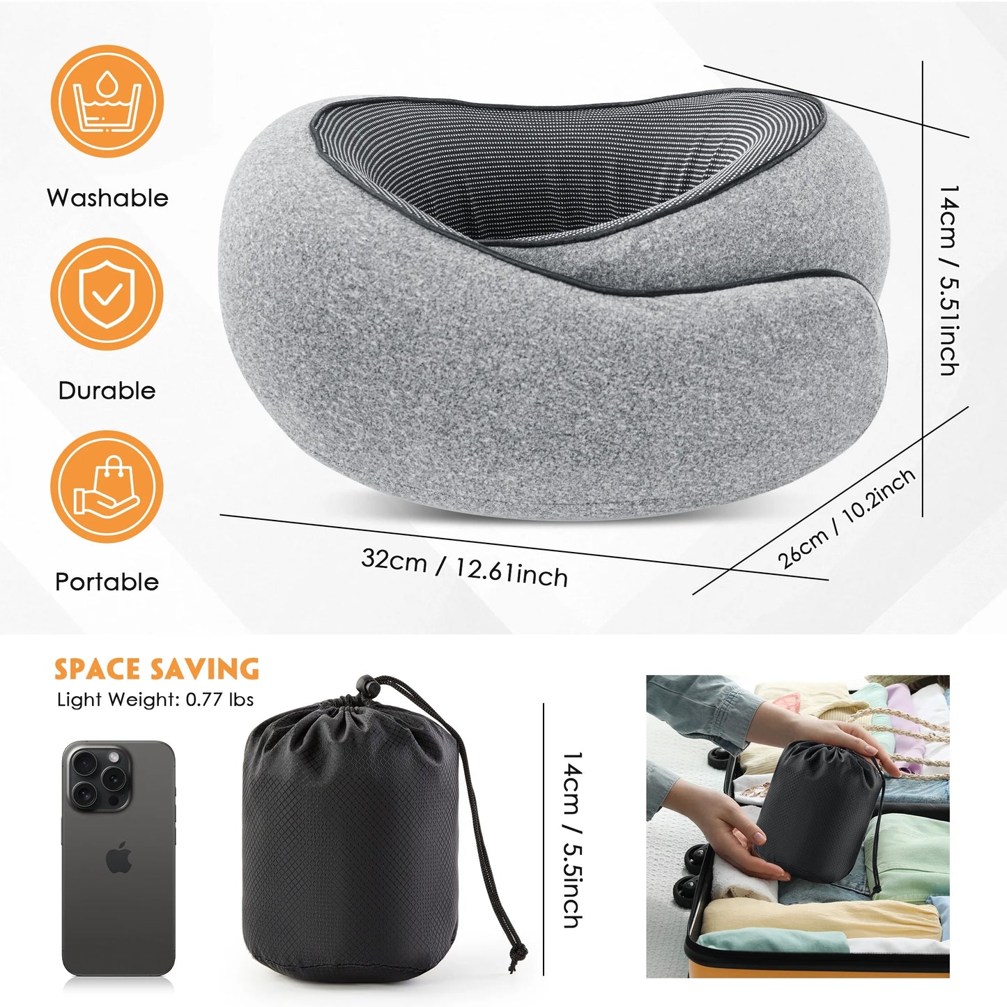360° Comfort Travel Pillow Set with Memory Foam, 3D Eye Mask, Earplugs, and Storage Bag - Perfect for Airplanes, Cars, and Offices - Gray