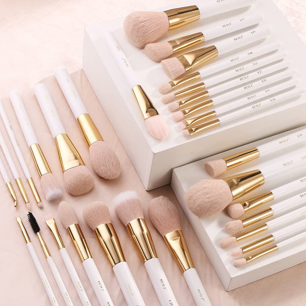 30-Piece Professional Makeup Brush Set - Premium Vegan Synthetic Kabuki Foundation, Blending, Face Powder, Blush, Concealer, and Eyeshadow Brushes in White/Rose Gold