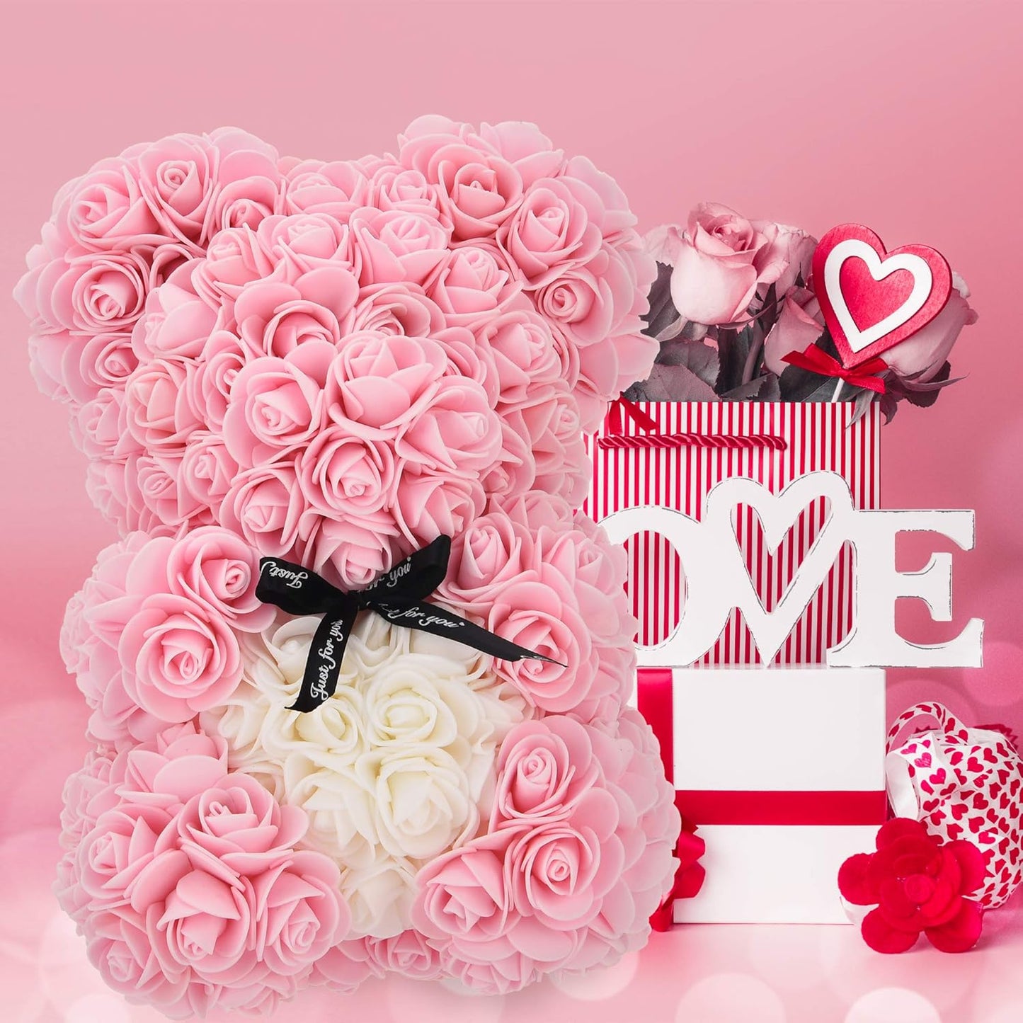 Light Pink Rose Bear Gift Box - Perfect Birthday Gift for Women & Moms, Fully Assembled Rose Teddy Bear