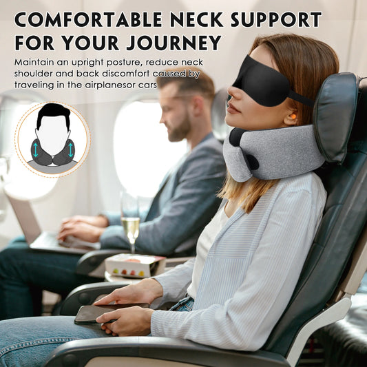 360° Comfort Travel Pillow Set with Memory Foam, 3D Eye Mask, Earplugs, and Storage Bag - Perfect for Airplanes, Cars, and Offices - Gray