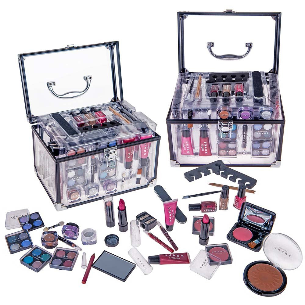 Professional Makeup Train Case with Reusable Aluminum Storage Organizer, Complete Set Including Eye Palettes, Blushes, Face Powders, Manicure and Pedicure Tools, and Cosmetic Brushes.