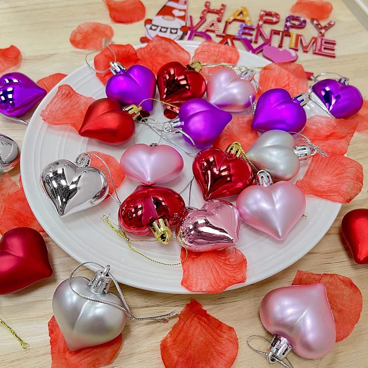 24 Pcs Valentine's Day Heart-Shaped Ornaments - Double-Sided Romantic Decorations for Indoor & Outdoor (Red, Pink, Purple)