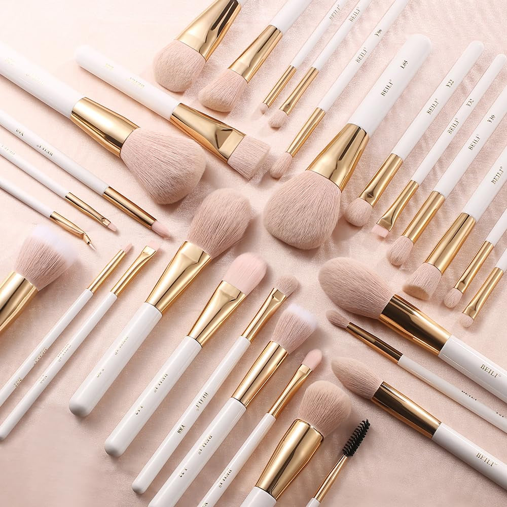 30-Piece Professional Makeup Brush Set - Premium Vegan Synthetic Kabuki Foundation, Blending, Face Powder, Blush, Concealer, and Eyeshadow Brushes in White/Rose Gold