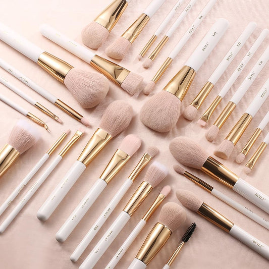 30-Piece Professional Makeup Brush Set - Premium Vegan Synthetic Kabuki Foundation, Blending, Face Powder, Blush, Concealer, and Eyeshadow Brushes in White/Rose Gold