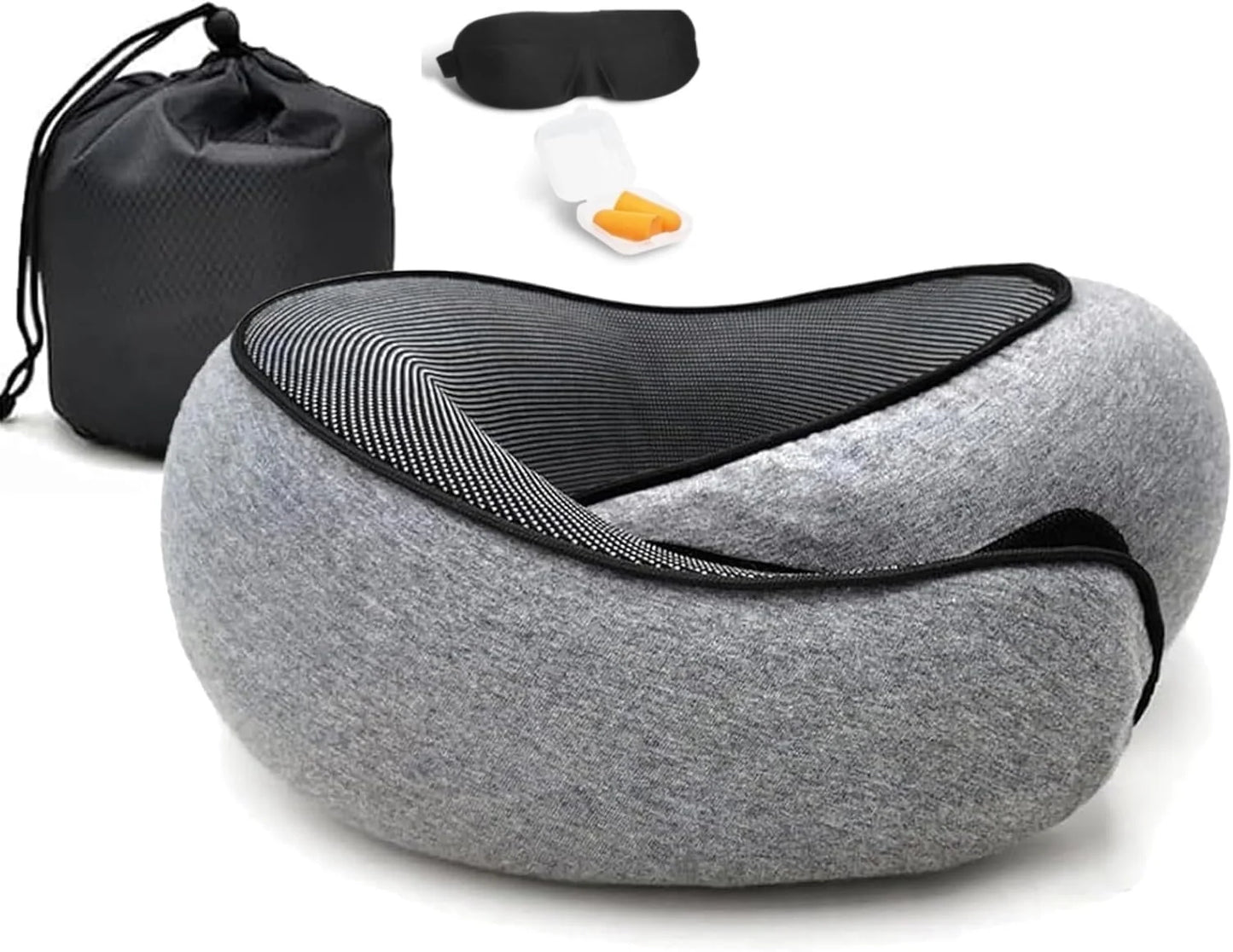 360° Comfort Travel Pillow Set with Memory Foam, 3D Eye Mask, Earplugs, and Storage Bag - Perfect for Airplanes, Cars, and Offices - Gray