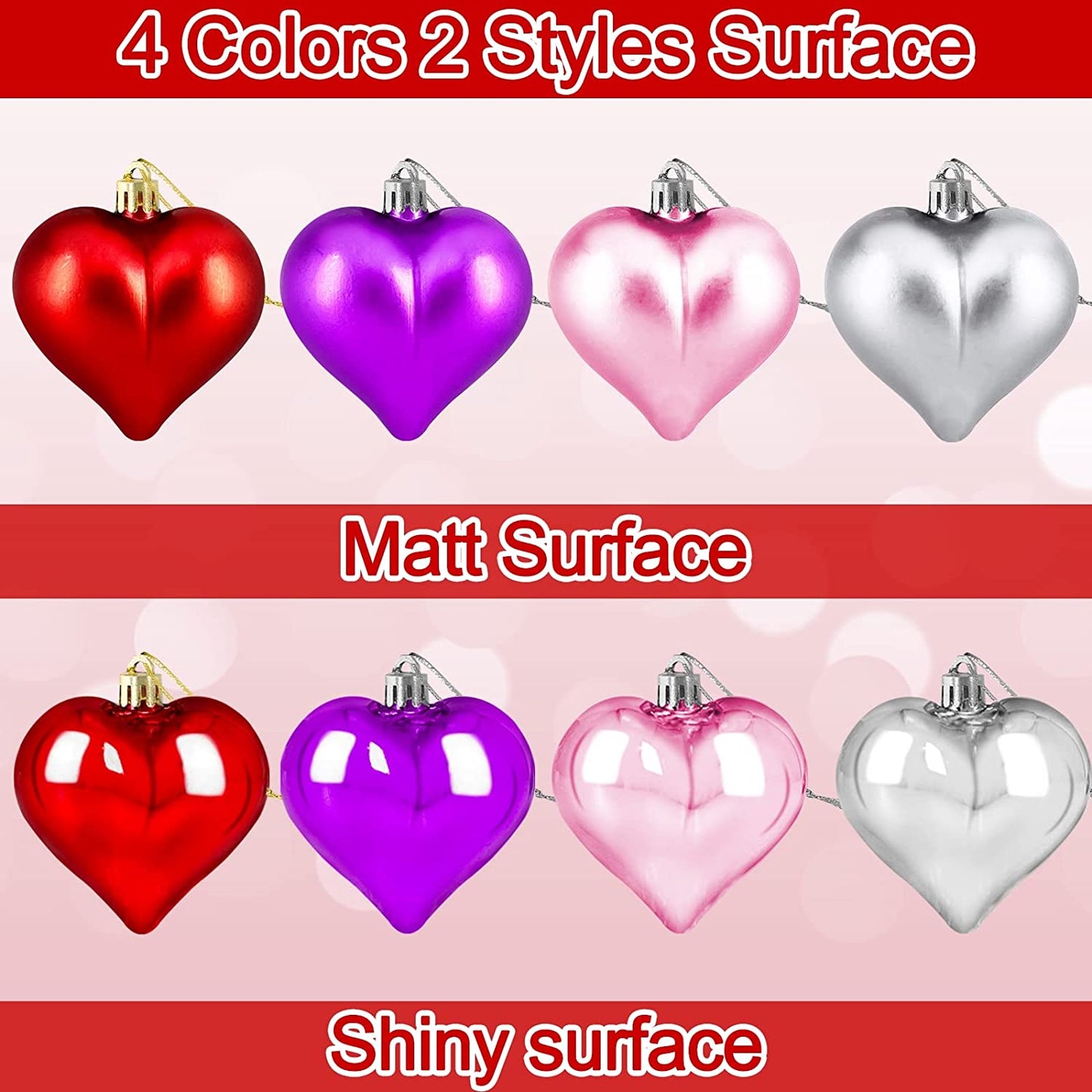 24 Pcs Valentine's Day Heart-Shaped Ornaments - Double-Sided Romantic Decorations for Indoor & Outdoor (Red, Pink, Purple)