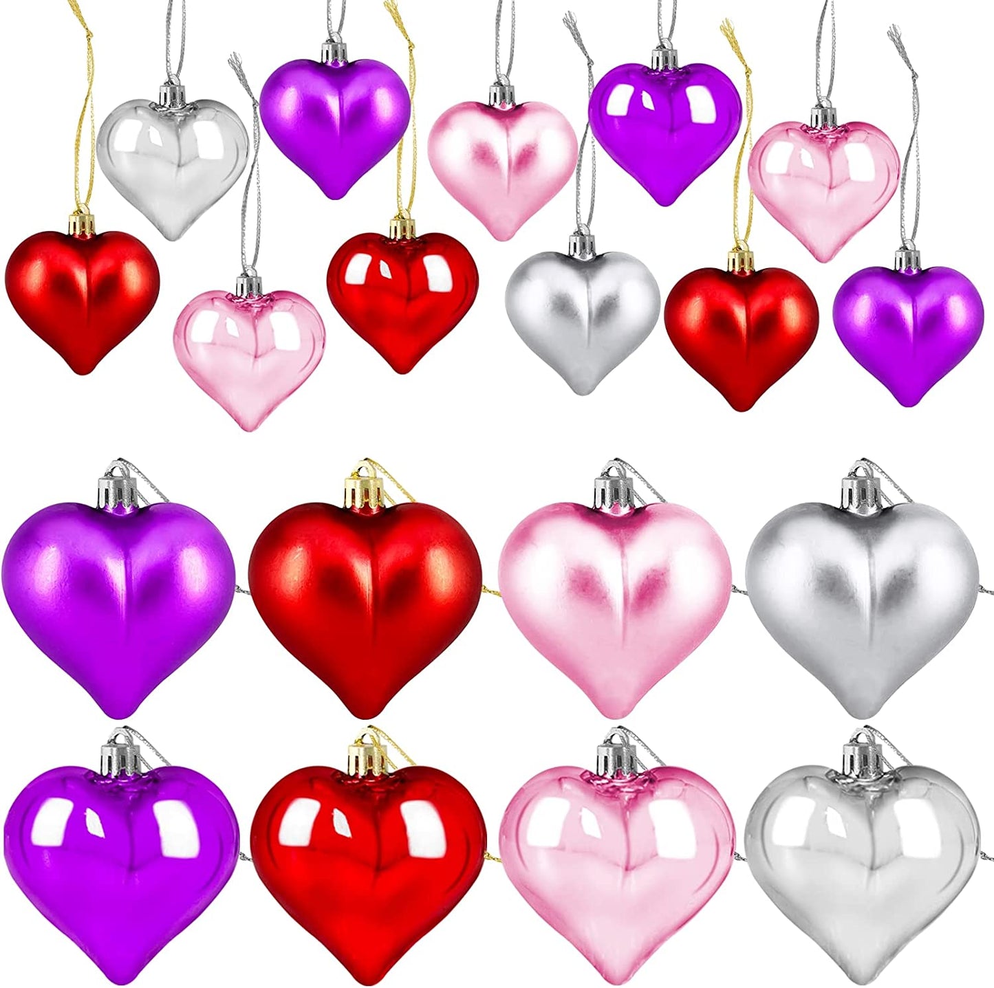 24 Pcs Valentine's Day Heart-Shaped Ornaments - Double-Sided Romantic Decorations for Indoor & Outdoor (Red, Pink, Purple)