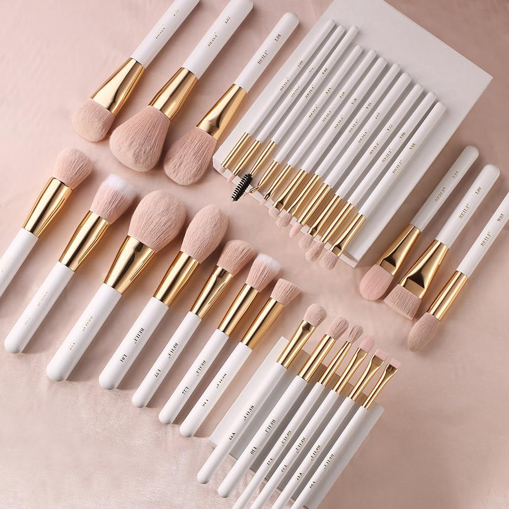 30-Piece Professional Makeup Brush Set - Premium Vegan Synthetic Kabuki Foundation, Blending, Face Powder, Blush, Concealer, and Eyeshadow Brushes in White/Rose Gold