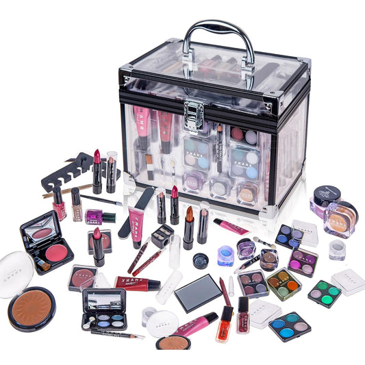 Professional Makeup Train Case with Reusable Aluminum Storage Organizer, Complete Set Including Eye Palettes, Blushes, Face Powders, Manicure and Pedicure Tools, and Cosmetic Brushes.