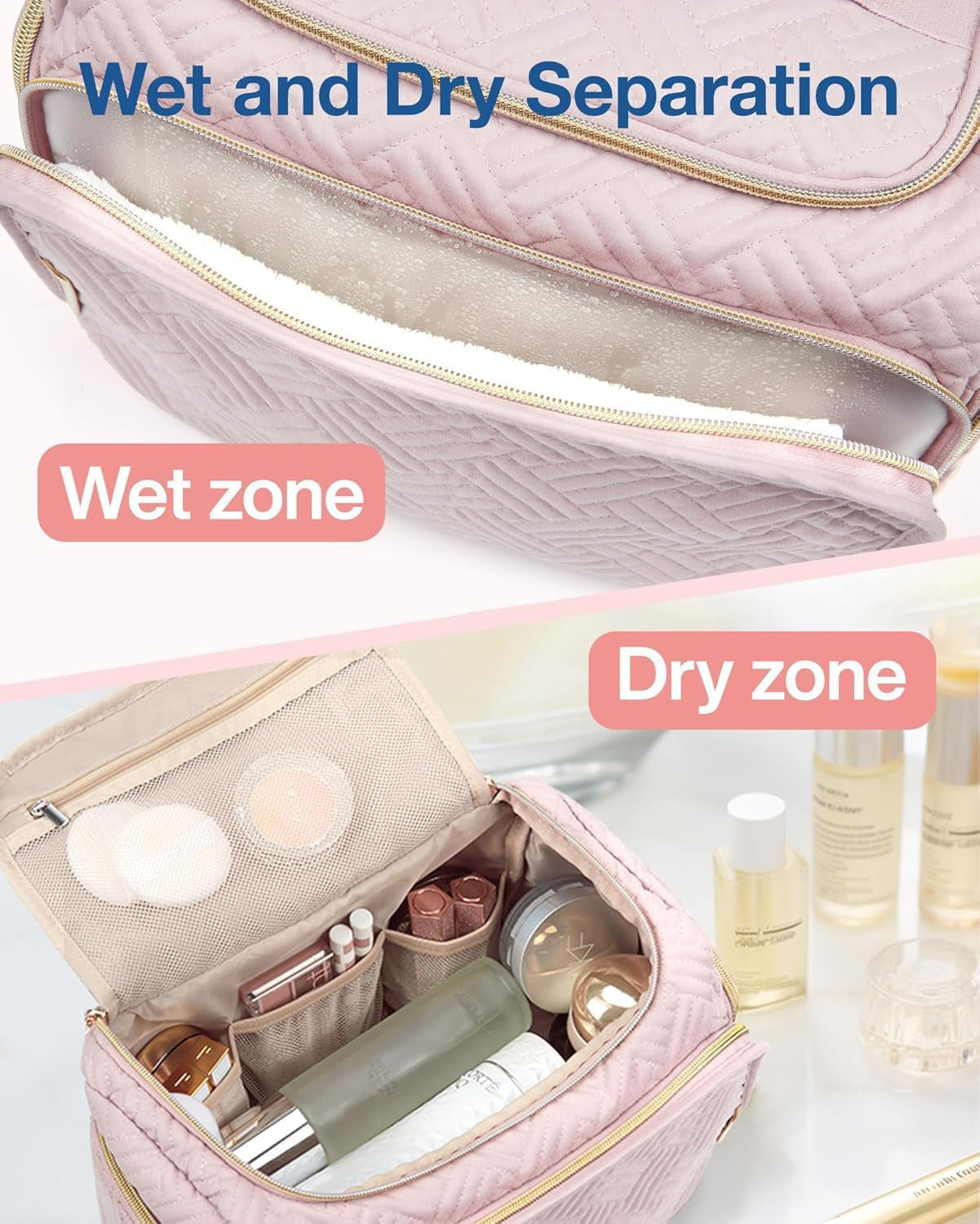 Women's Travel Toiletry and Cosmetic Organizer Bag with Handle, Full-Sized Travel Accessories