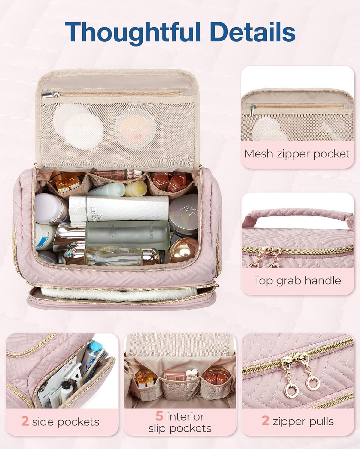 Women's Travel Toiletry and Cosmetic Organizer Bag with Handle, Full-Sized Travel Accessories