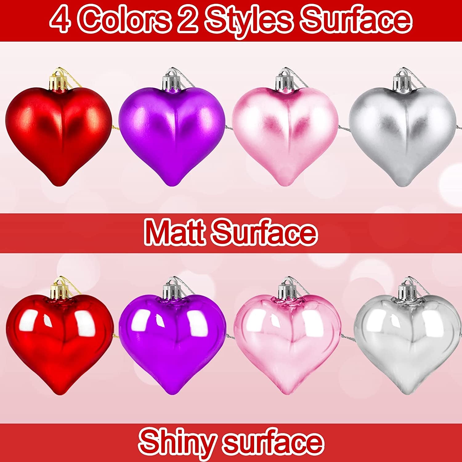 24 Pcs Valentine's Day Heart-Shaped Ornaments - Double-Sided Romantic Decorations for Indoor & Outdoor (Red, Pink, Purple)