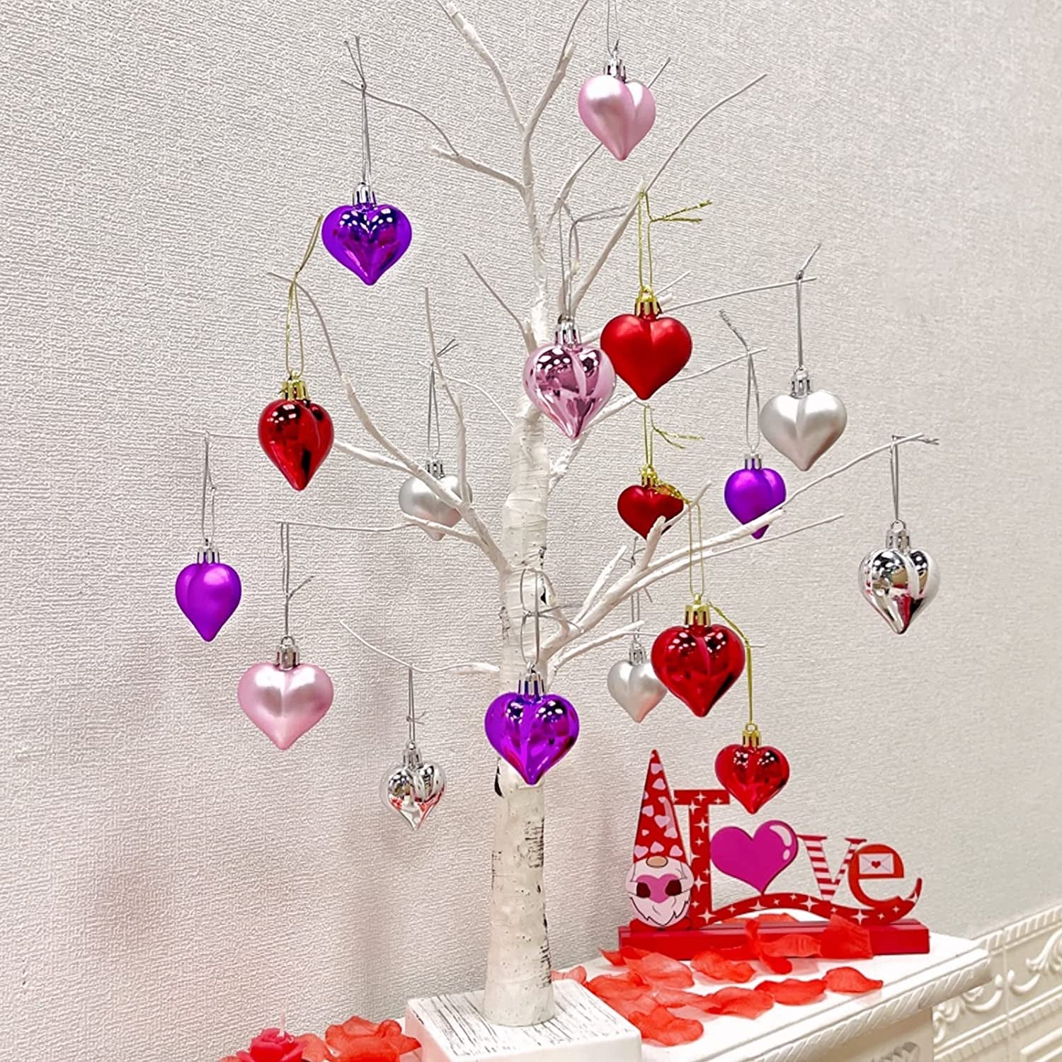 24 Pcs Valentine's Day Heart-Shaped Ornaments - Double-Sided Romantic Decorations for Indoor & Outdoor (Red, Pink, Purple)