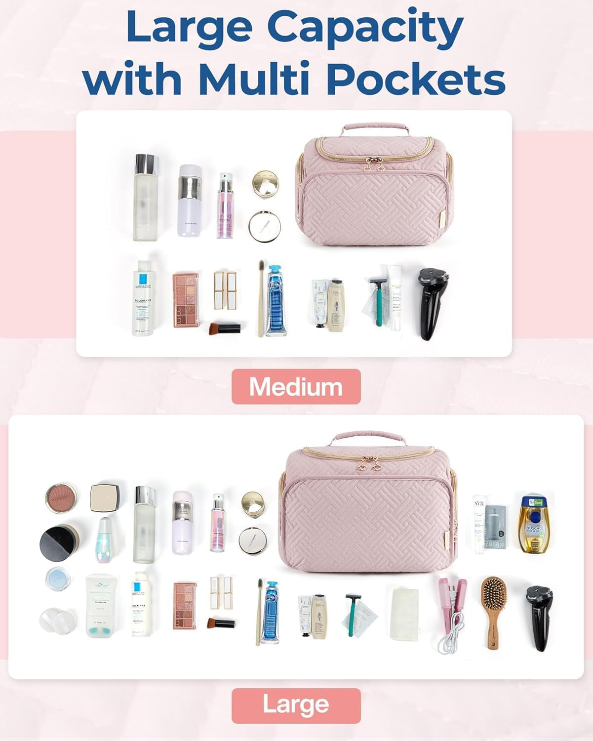 Women's Travel Toiletry and Cosmetic Organizer Bag with Handle, Full-Sized Travel Accessories