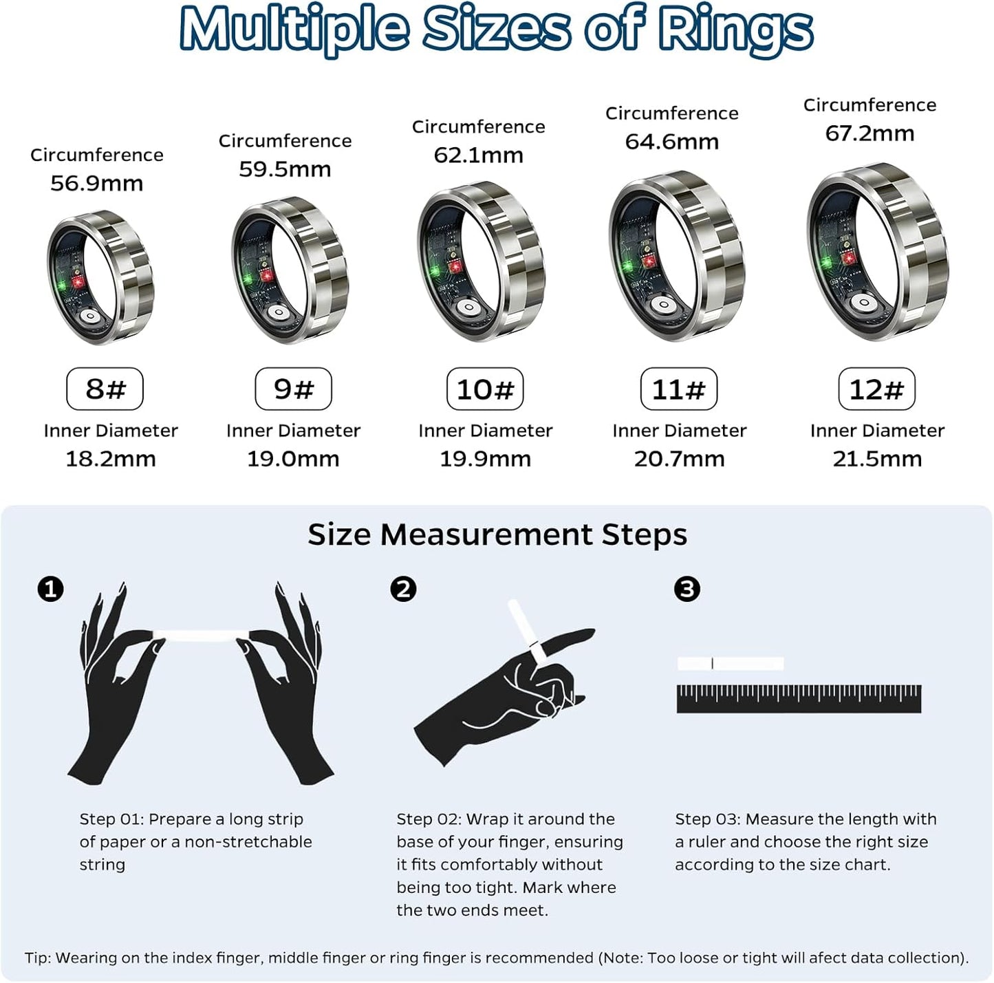 Stylish Silver Smart Ring Health & Fitness Tracker - Monitor Heart Rate, Sleep, Activity, and More! Waterproof with 7-Day Battery Life, Compatible with iOS & Android