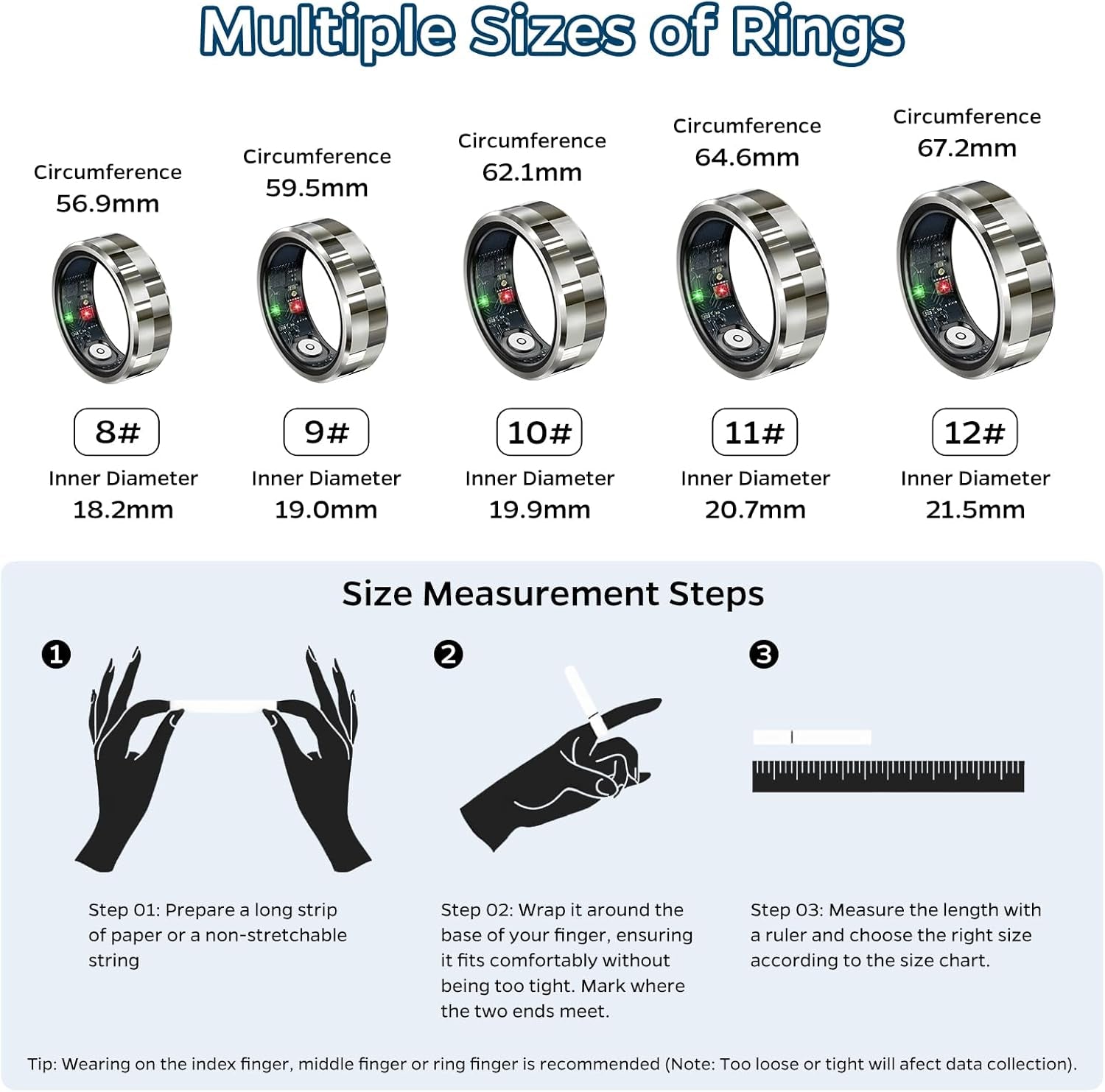 Stylish Silver Smart Ring Health & Fitness Tracker - Monitor Heart Rate, Sleep, Activity, and More! Waterproof with 7-Day Battery Life, Compatible with iOS & Android